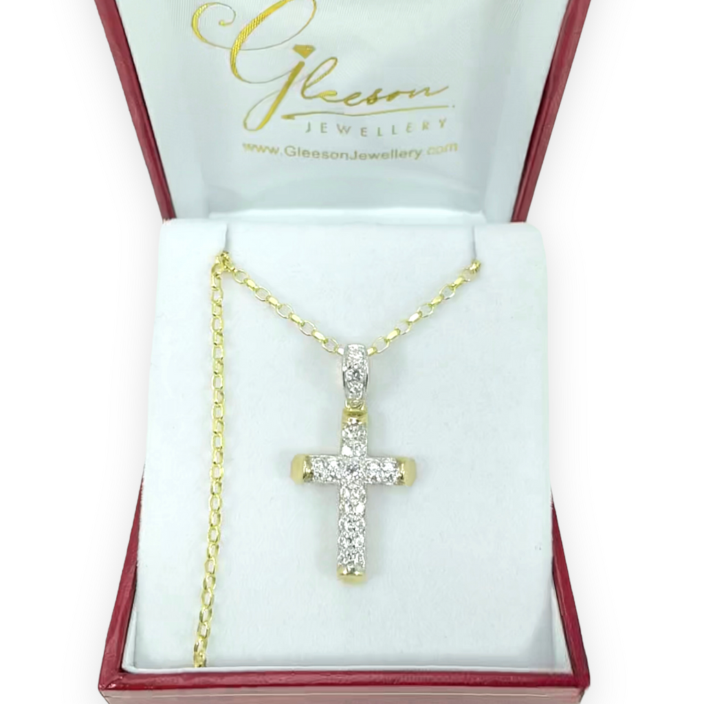 9ct Gold Tube Style CZ Cross & Chain Gleeson Jewellers, Daniel Gleeson Jewellers, Gleesons Jewellers