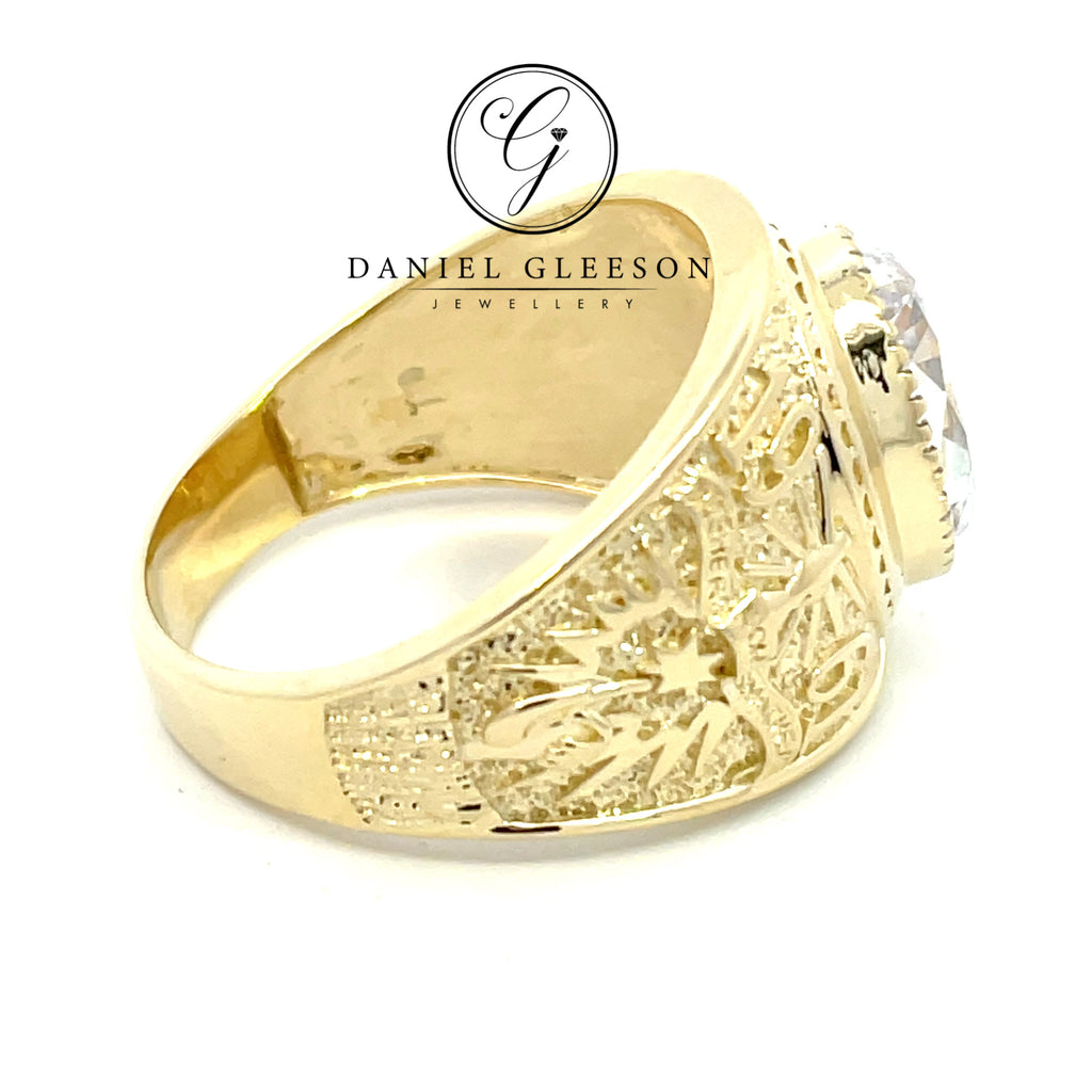 9ct gold college ring pictured lying flat detaining the design on the shoukder of the ring