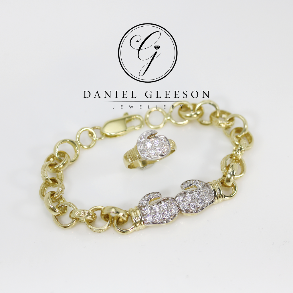 9ct Gold Cubic Zirconia Baby/Kids Belcher Boxing Glove Bracelet & Large Ring Set Gleeson Jewellers, Daniel Gleeson Jewellery, Daniel Gleesons Jewellers, Cork