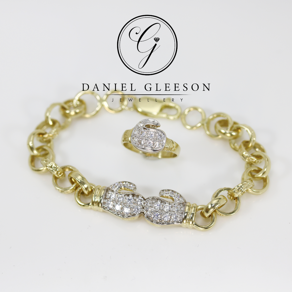 9ct Gold Cubic Zirconia Baby/Kids Belcher Boxing Glove Bracelet & Large Ring Set Gleeson Jewellers, Daniel Gleeson Jewellery, Daniel Gleesons Jewellers Cork