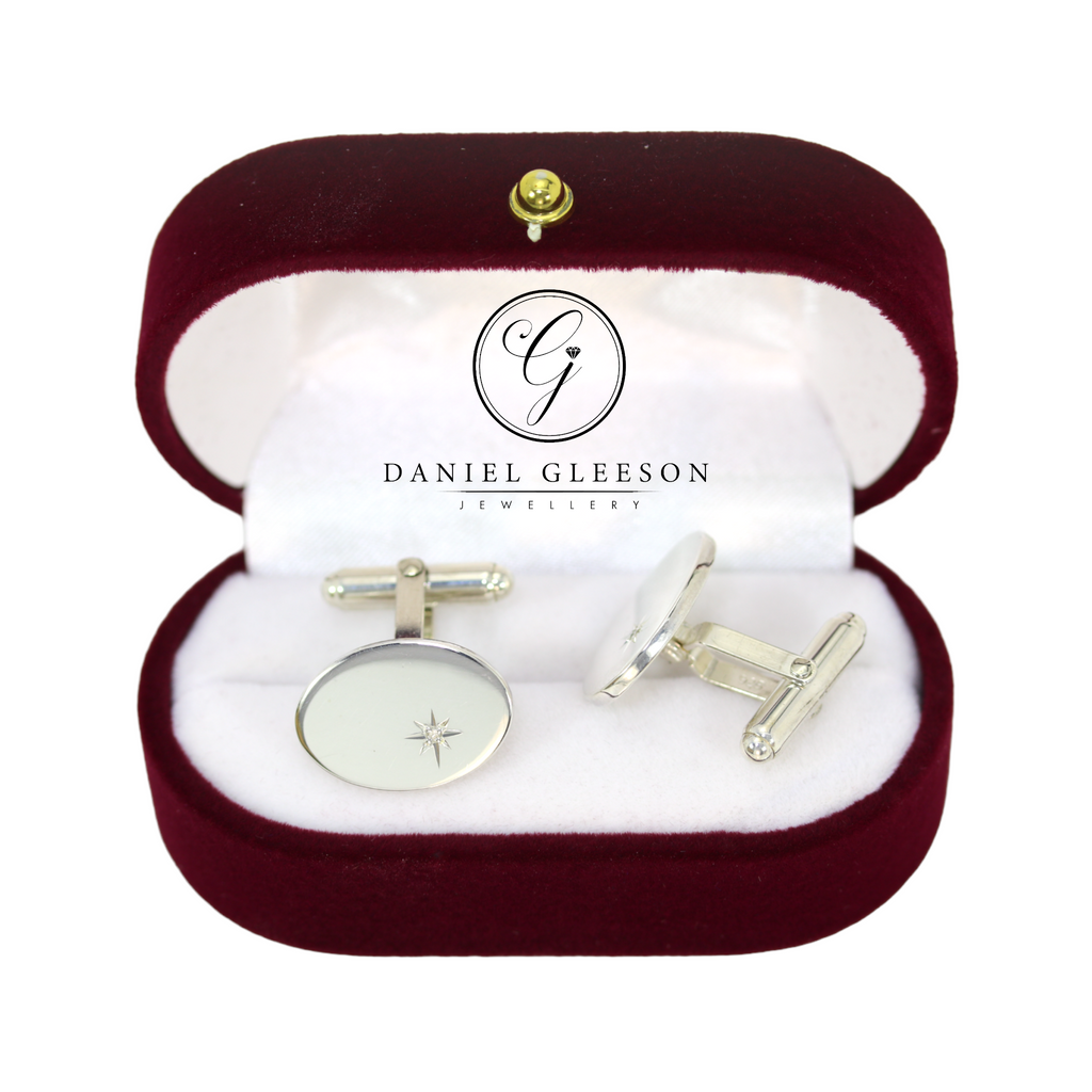 Sterling Silver Diamond Set Oval Cufflinks with Swivel Backs Gleeson Jewellers, Daniel Gleeson Jewellerr, Daniel Gleesons Jewellery
